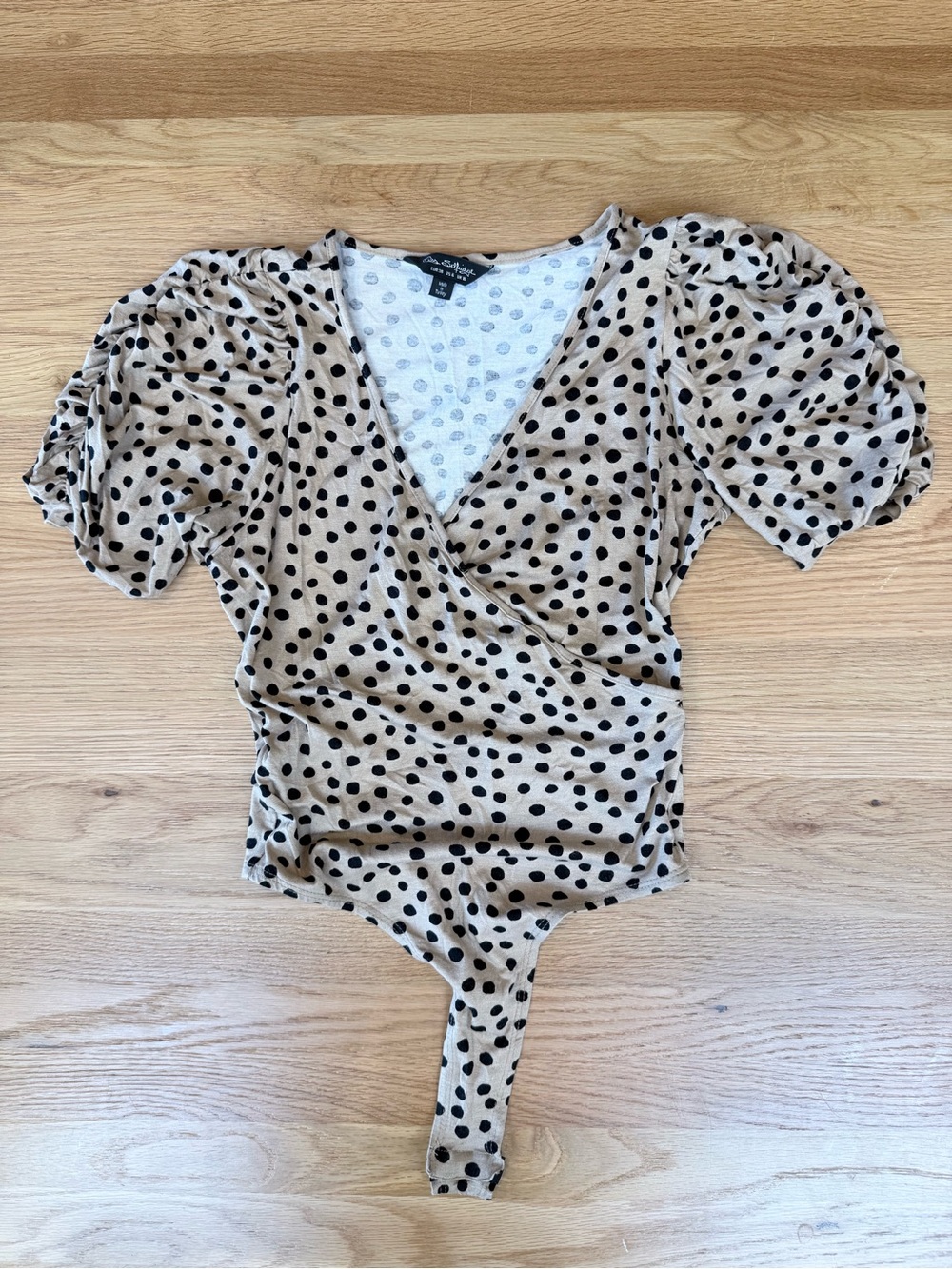Miss Selfridge Beige and Black Polka Dot Puff Sleeve Wrap Bodysuit